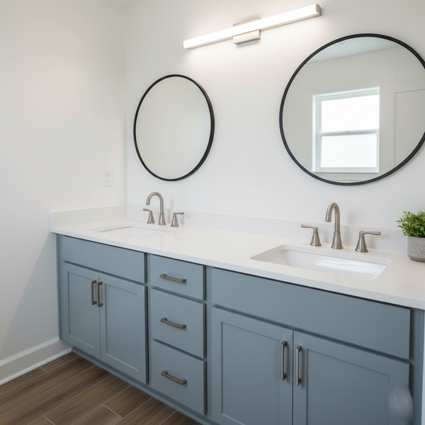 A freshly painted bathroom vanity with new modern fixtures and round mirrors.
