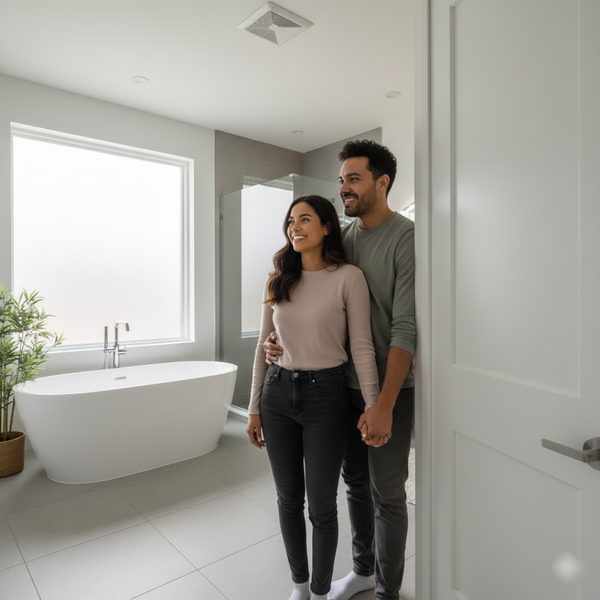 A smiling couple stands in their newly renovated, modern bathroom.