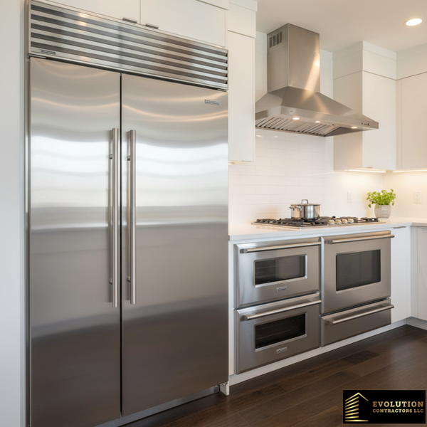 Modern stainless steel appliances, including a large refrigerator and range, are integrated into a contemporary kitchen design.