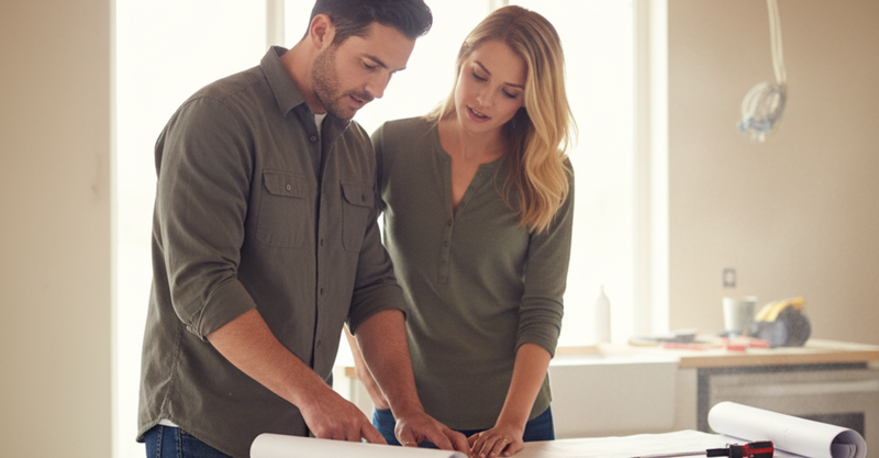 Professional general contractor discussing plans with homeowners