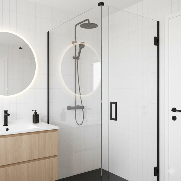 A sleek, frameless glass shower enclosure stands beside a wooden vanity and a round illuminated mirror.