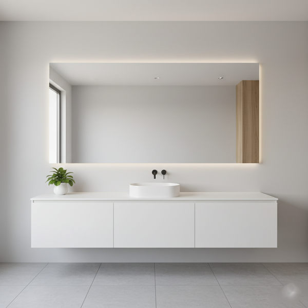 Large rectangular mirror with backlighting over a white floating vanity with a vessel sink and a small plant.