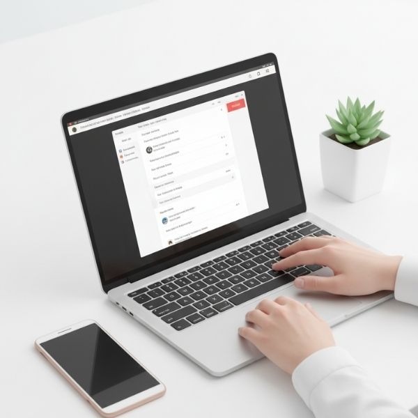 A person's hands are shown typing on a laptop keyboard next to a smartphone and a small potted plant.
