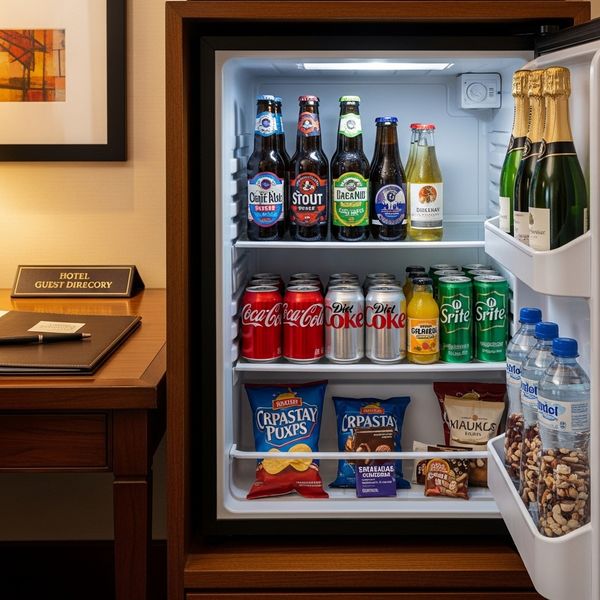 Neatly stocked hotel mini-fridge with beer and wine.