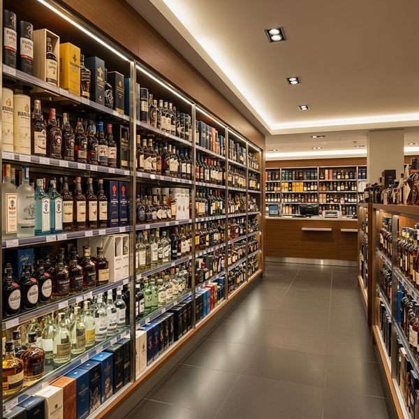 Interior of a premium liquor store with organized shelves of spirits.
