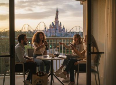 Friends enjoying drinks on a balcony with a theme park castle view at sunset