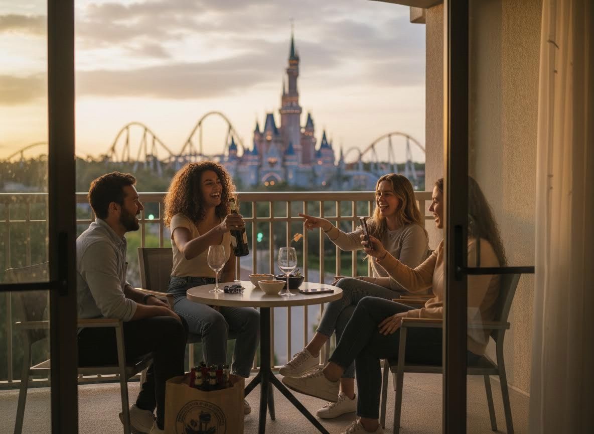 Friends enjoying drinks on a balcony with a theme park castle view at sunset