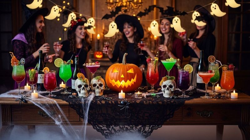 a Halloween party table with spooky decorations and drinks