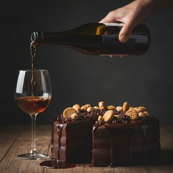 Dessert wine being poured into a small glass next to a chocolate cake