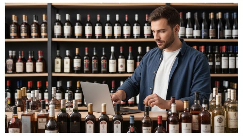 A young man works on a laptop in a well-stocked liquor store, surrounded by shelves of bottles.