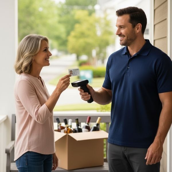 A delivery driver scans a woman's ID at her front door, with a box of bottles nearby.