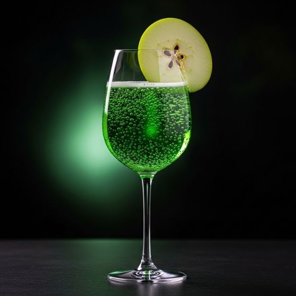 a wine glass on a dark background filled with a bubbling, bright green cocktail, garnished with a thin slice of a green apple