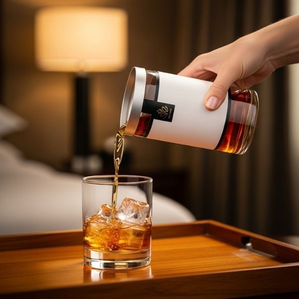 a person pouring a pre-made cocktail from a travel-safe container into a hotel room glass filled with ice