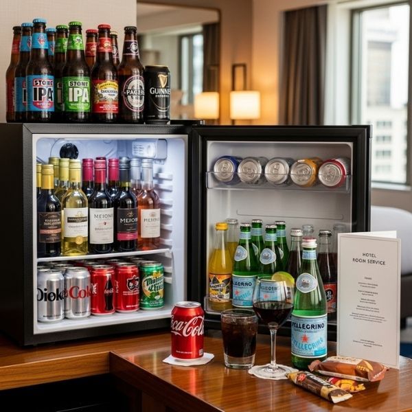 a hotel room mini-fridge well-stocked with a variety of affordable beers, wines, and sodas, ready for a vacation