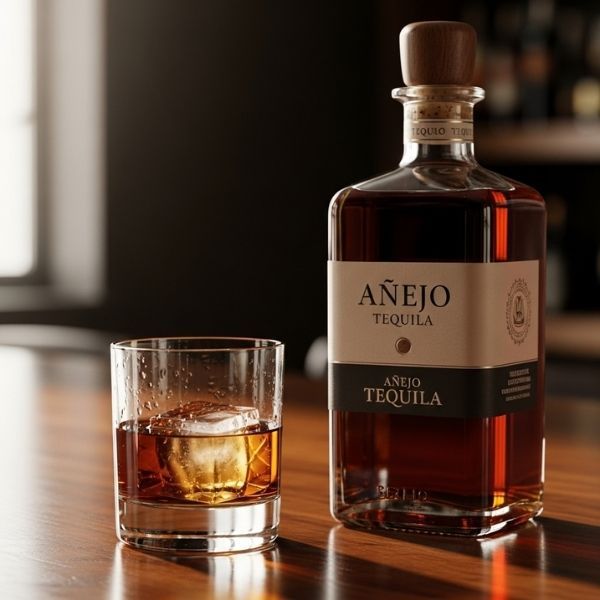 a sipping glass of dark Añejo tequila next to its bottle
