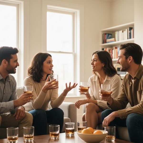Diverse group discussing drink preferences at a relaxed gathering
