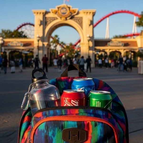 a backpack ready for a theme park, with a reusable water bottle and several cans of soda sticking out of the top