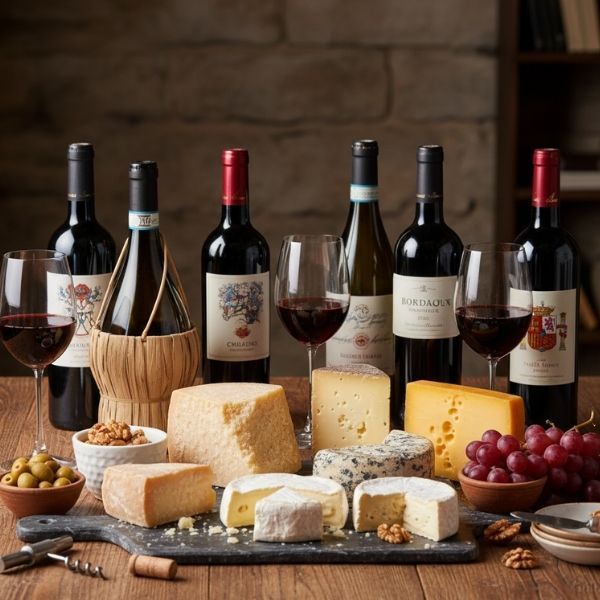 An array of wines and regional cheeses on a rustic wooden table