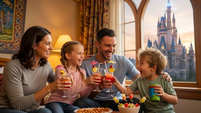 a happy family with a mom, dad, and two kids enjoying drinks in their hotel room with a magical theme park castle visible in the background