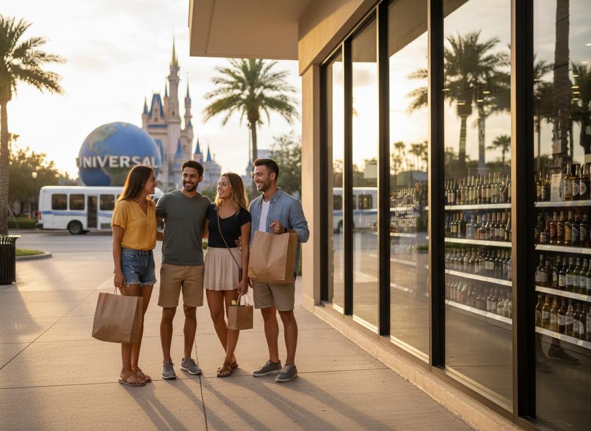 Friends shopping at a theme park resort