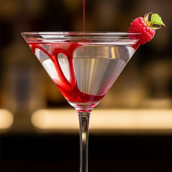 an elegant martini glass containing a clear cocktail, with a trickle of red raspberry liqueur running down the inside to create a "bleeding" effect