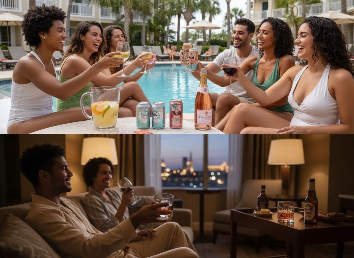 Friends enjoying drinks poolside and a couple relaxing indoors with beverages