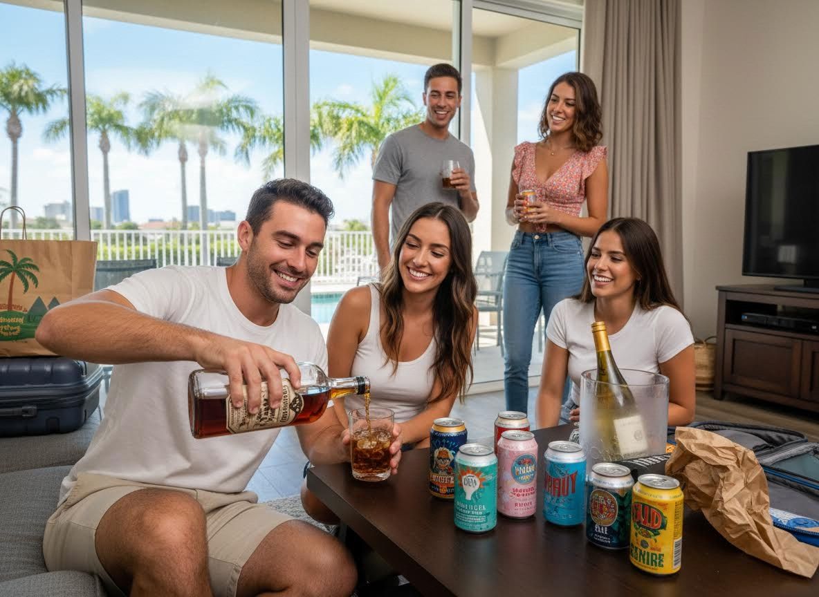 Friends socializing with drinks in a modern living room