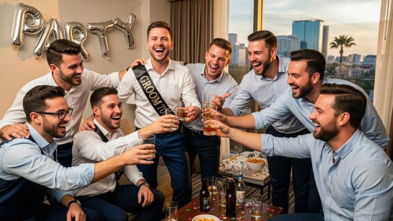 a group of smiling friends celebrating at an Orlando bachelor party, raising their glasses for a toast in a modern hotel suite