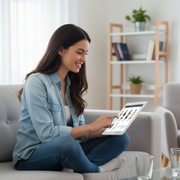 A woman smiles while comfortably browsing for drinks on a tablet from her sofa.