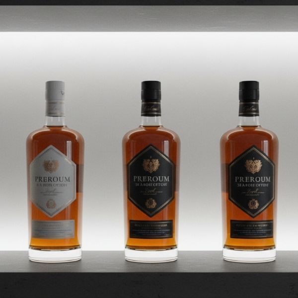 Close-up of three premium spirit bottles on a minimalist shelf