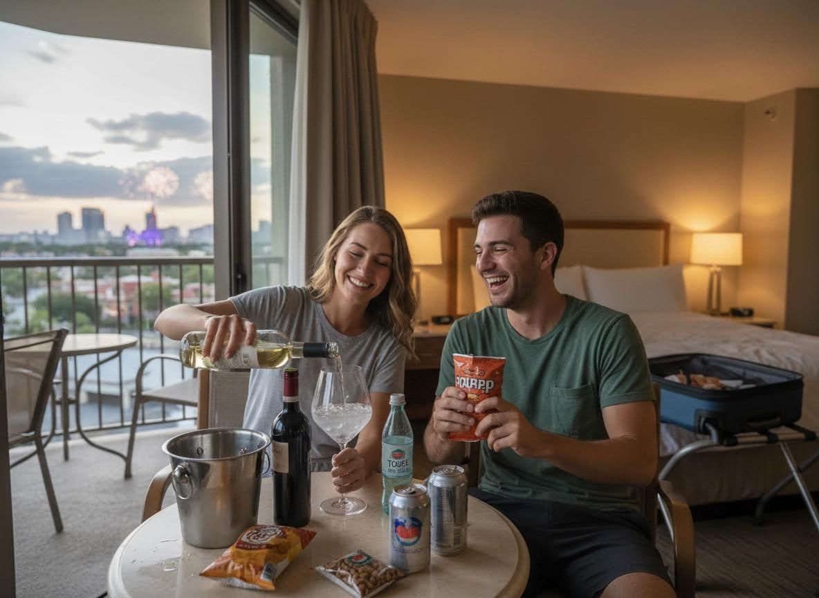 Couple enjoying a relaxing evening with wine and snacks in a hotel room balcony with city view
