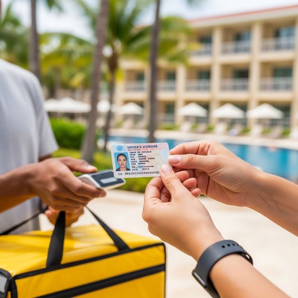 Close-up of a guest showing ID for an alcohol delivery at a resort.