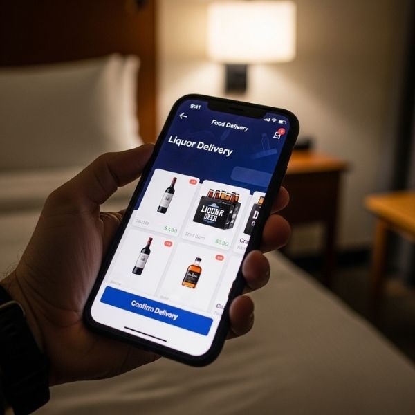 a person's hand holding a smartphone showing a liquor delivery order on an app, with a hotel room in the background