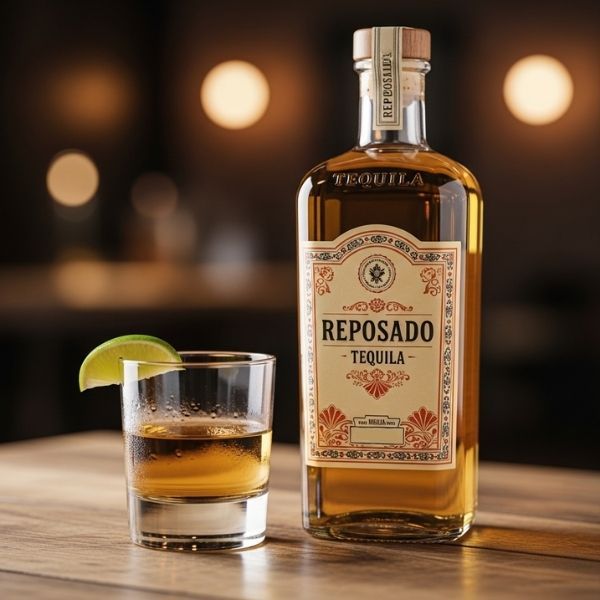 a bottle and glass of golden-hued Reposado tequila sitting on a rustic wooden table