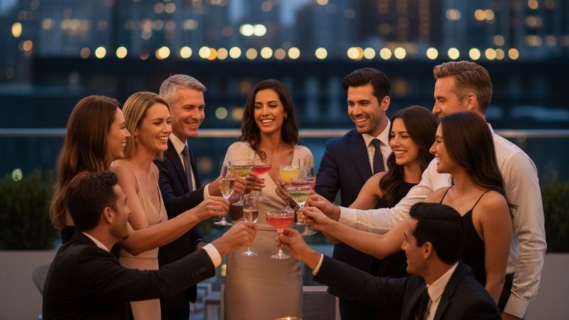Elegant cocktail party with diverse people toasting