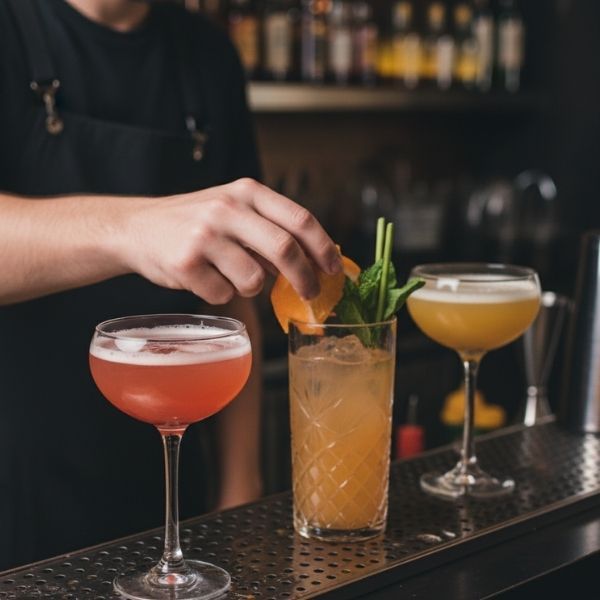 Hands preparing colorful cocktails with fresh garnishes on a bar