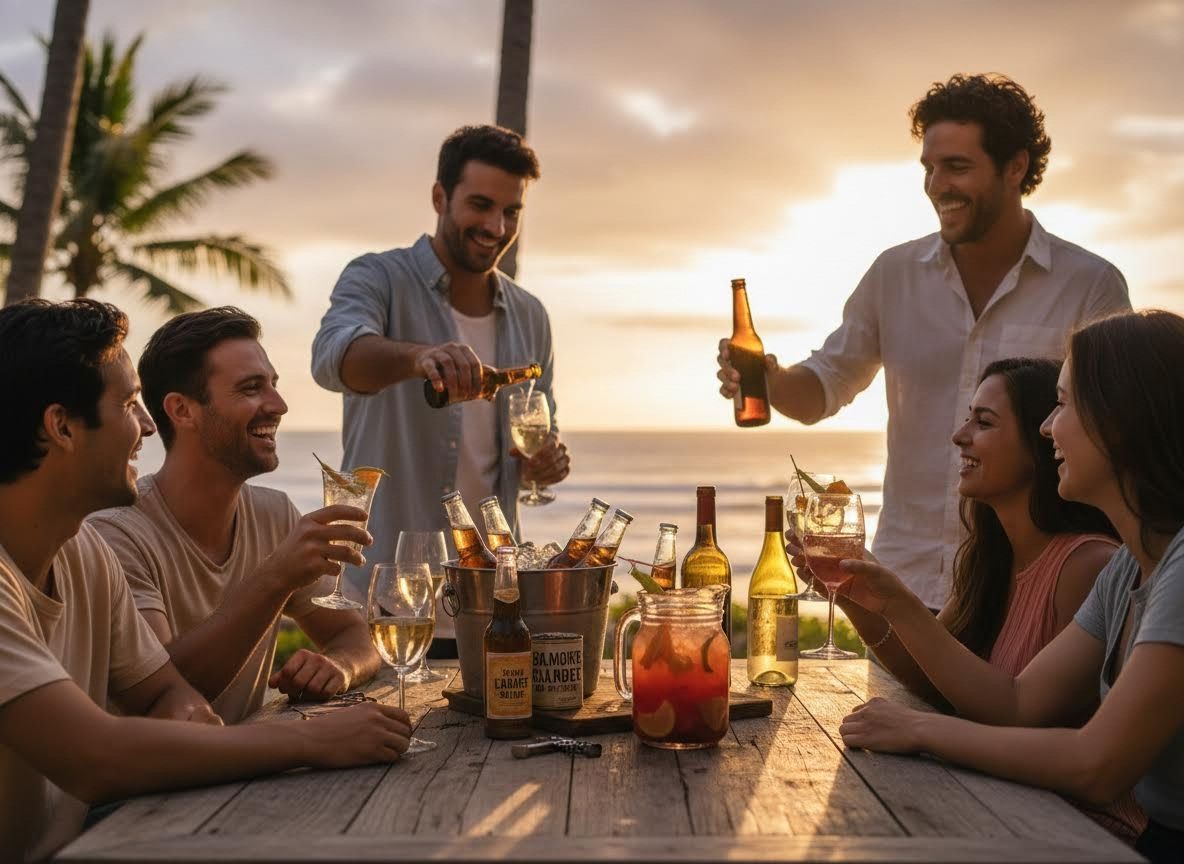 Friends enjoying drinks at a sunset beach party