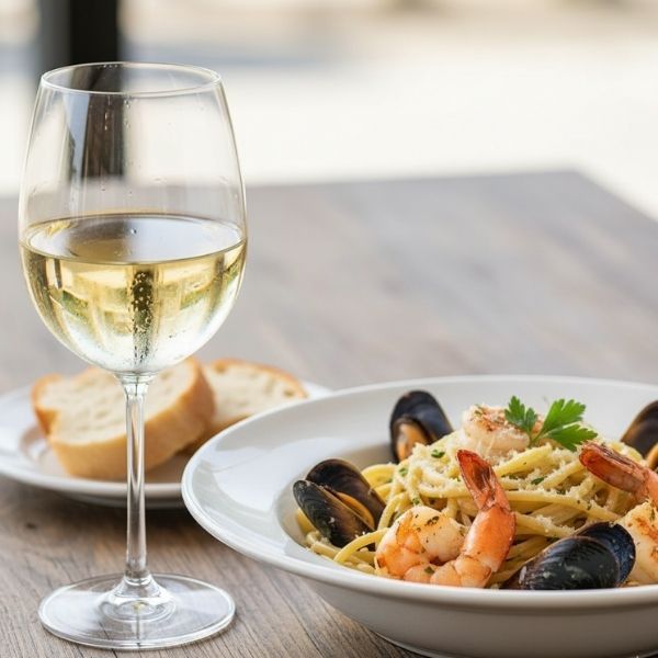 A crisp white wine next to a plate of fresh seafood pasta