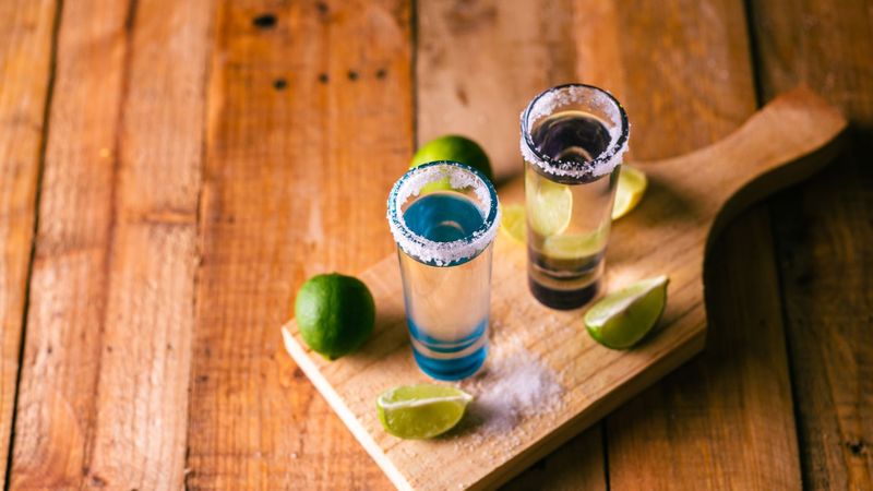 tequila shots with salt on the rim on a board with limes