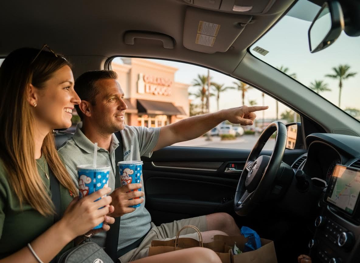 Happy Couple in Car with Drinks Pointing