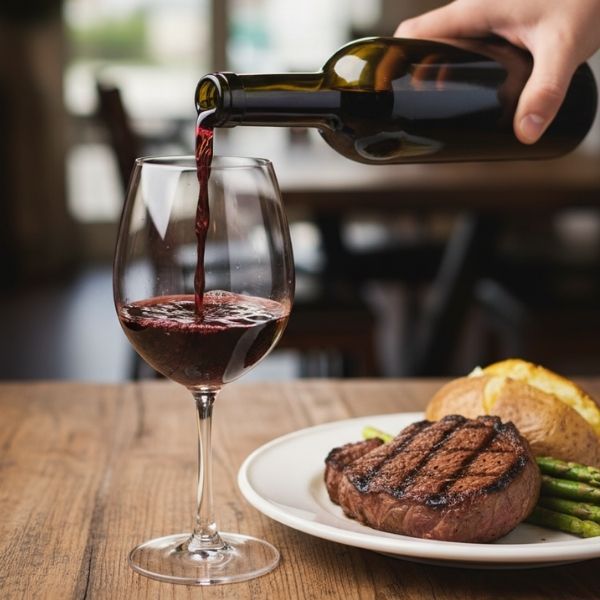 A hand pouring red wine into a glass next to a steak dinner