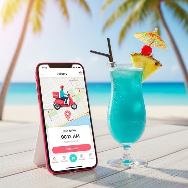 Smartphone displaying a delivery app next to a tropical cocktail.