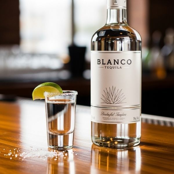 a bottle of Blanco tequila next to a shot glass filled with the clear spirit, garnished with a fresh lime wedge and a sprinkle of salt