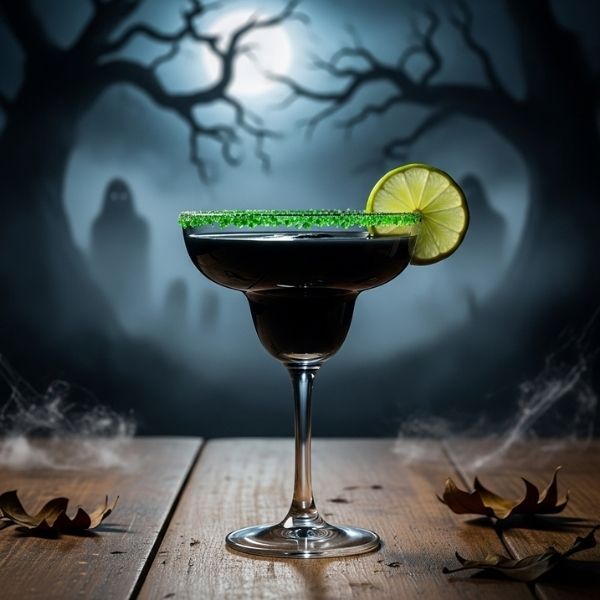 a spooky, black-colored margarita in a glass with a vibrant green salted rim, garnished with a lime and set in a haunted scene