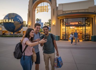 Friends taking selfie at Universal Studios entrance