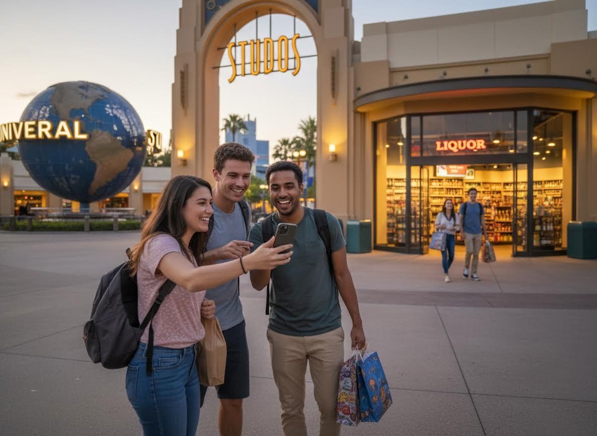 Friends taking selfie at Universal Studios entrance