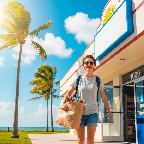a happy person with a bright smile leaves a liquor store carrying a bag of drinks on a sunny day in Florida