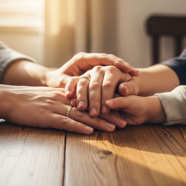 hands of two adults and one child resting together