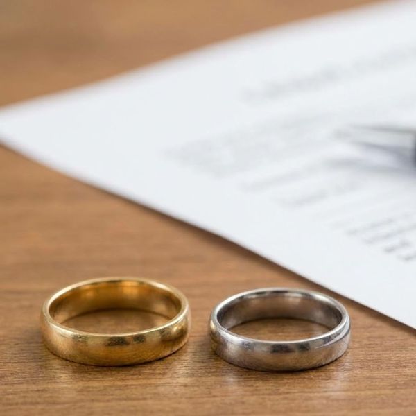 Two wedding rings separated on a wooden table next to divorce paperwork.