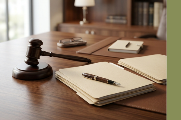 Fountain pen resting on legal folders next to a gavel on a polished wooden desk.